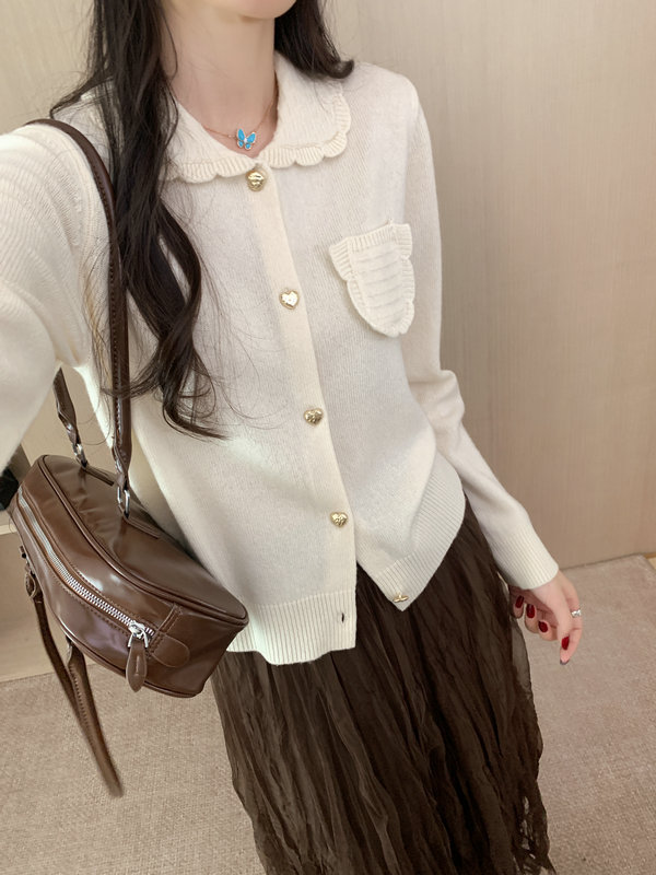 秋冬新款全羊毛开衫女翻领宽松显瘦毛衣外套设计感小众针织衫上衣|undefined