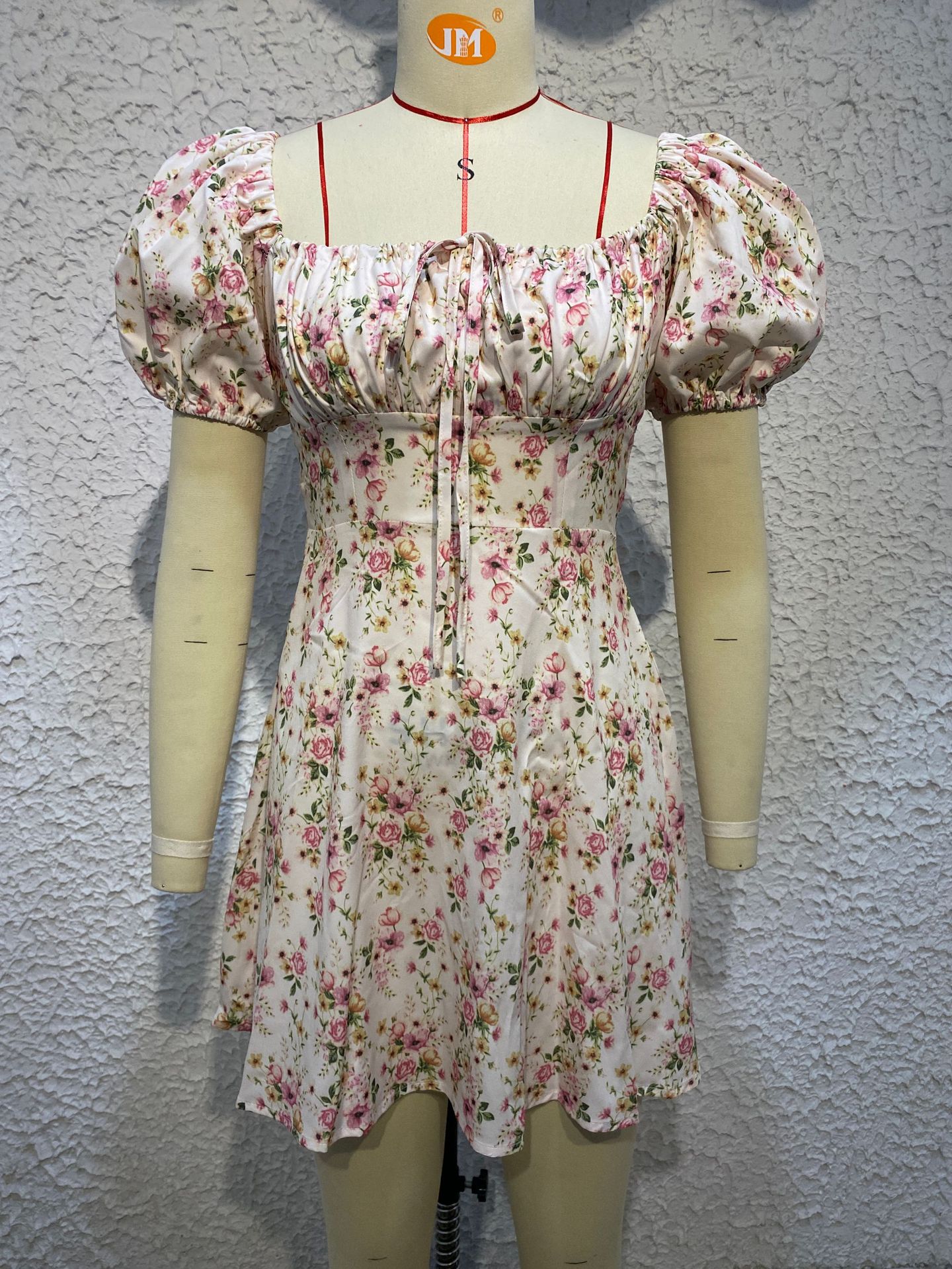 Fashion Printing Square Neck Short Sleeve Printing Zipper Polyester Above Knee A-Line Skirt