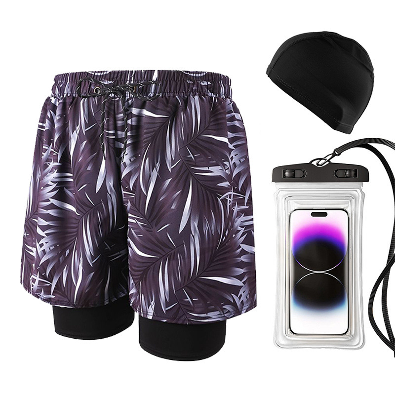 브라운 리프 3종 세트(수영복, 수영모, 휴대폰 가방)