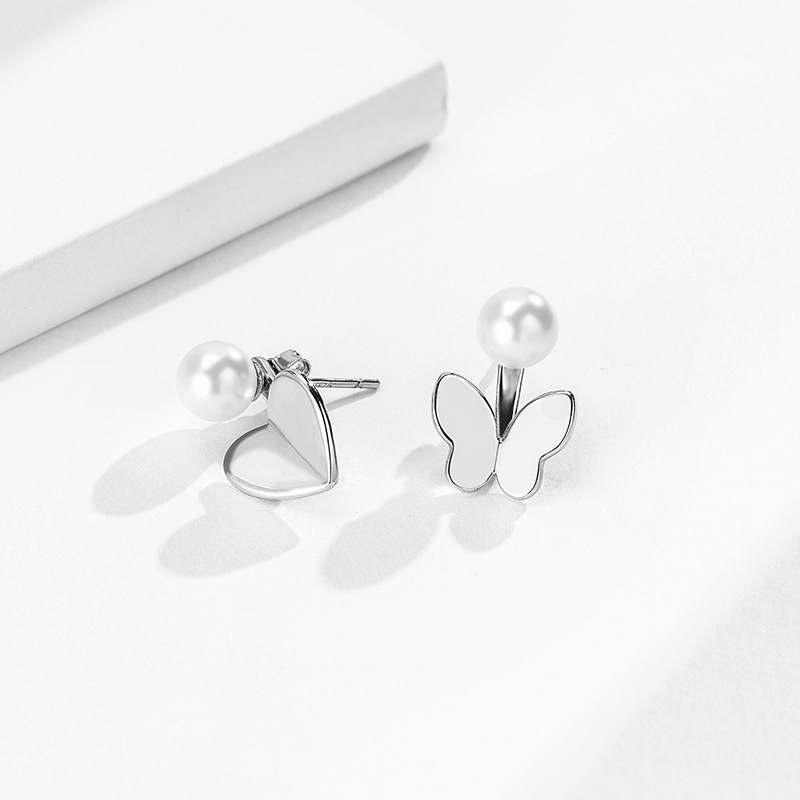 Verano pequeño fresco dulce uno de dos piezas pendientes de mariposa en forma de corazón Pendientes de perlas redondas de plata esterlina S925 para mujer