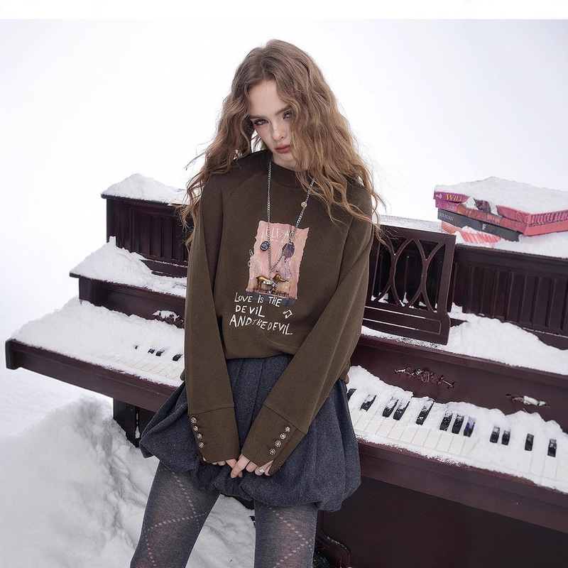 Fairy's Pocket Retro Brown Printed Long Sleeve T-Shirt Women's 2025 Winter New Half Turtle Collar Loose Inner Top