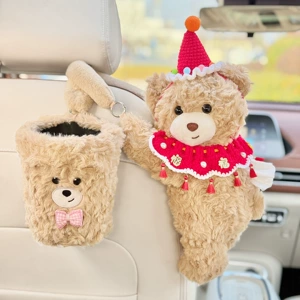 Car-Mounted Tissue Box, Bear-Shaped Hanging Tissue Holder, Creative Rear Seat Tissue Storage, Trash Bin and Tissue Box Two-In-One for Women