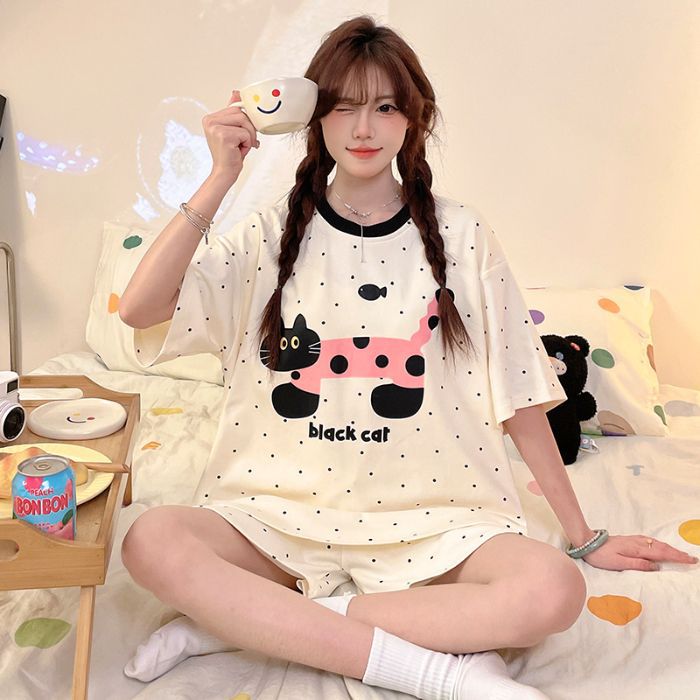 Venta al por mayor transfronteriza nuevos pijamas mujeres verano imitación algodón jersey pantalones cortos de manga corta lindo cachorro traje de servicio a domicilio de dibujos animados