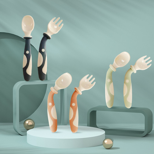 New children's twisting fork and spoon set, portable baby food tableware, learning eating spoon, bendable spoon