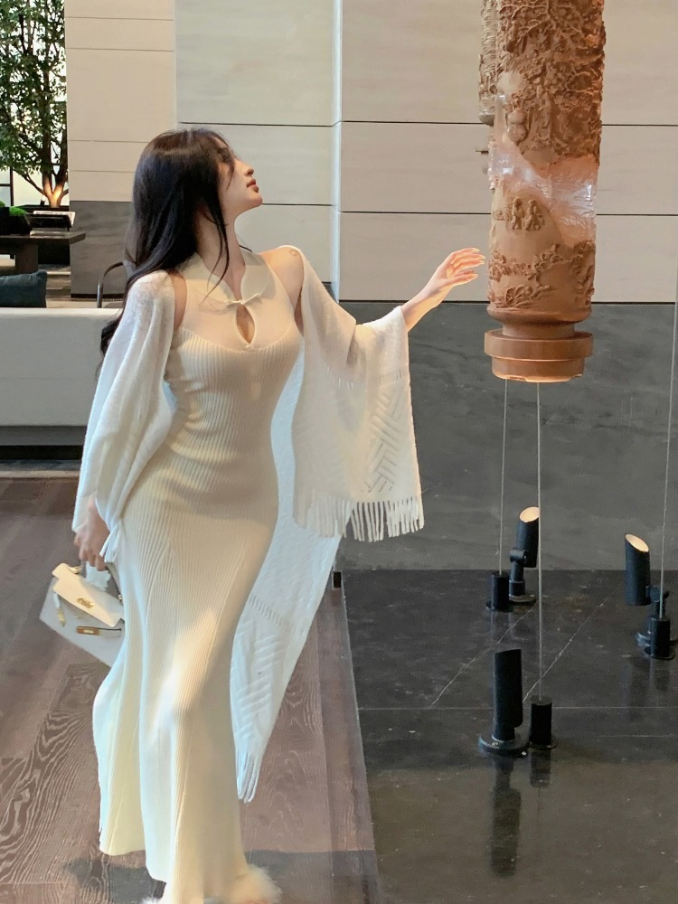 新中式两件套盘扣改良旗袍连衣裙披肩开衫针织裙温柔风修身鱼尾裙