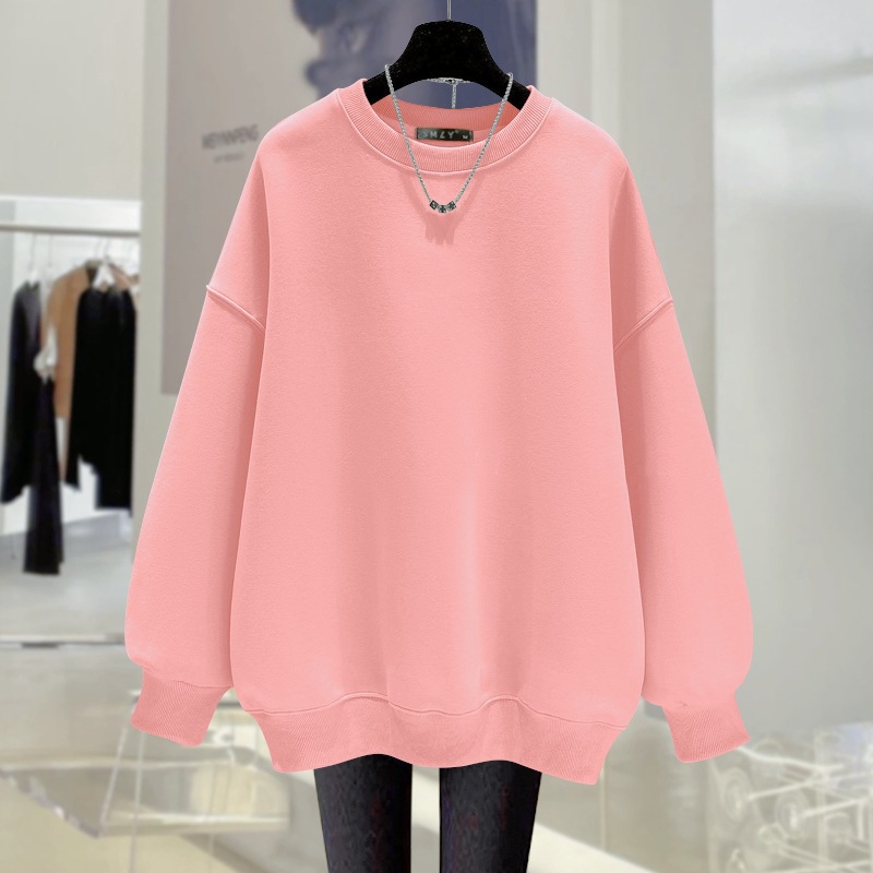 Pink Crewneck Sweat Women's fleece-lined Thickened 2024 Autumn and Winter New Solid Color Lazy European Loose Pullover Top