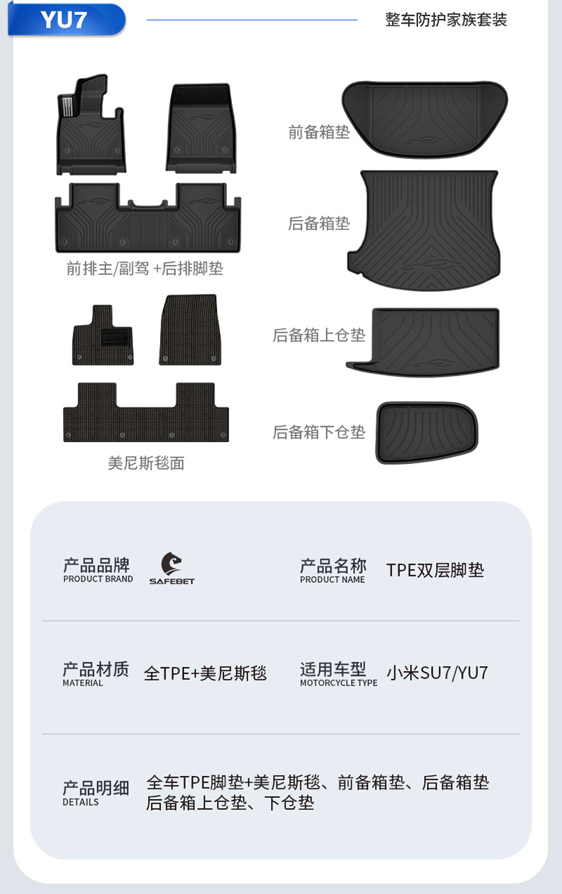 Suitable for Xiaomi Su7 Su7 Ultra Yu7 Special All-Weather Tpe Car Floor Mats and Vehicle Accessories Modification