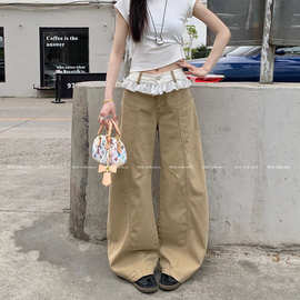 蕾丝花边拼接牛仔裤女秋季2025新款高腰设计感卡其色阔腿长裤子