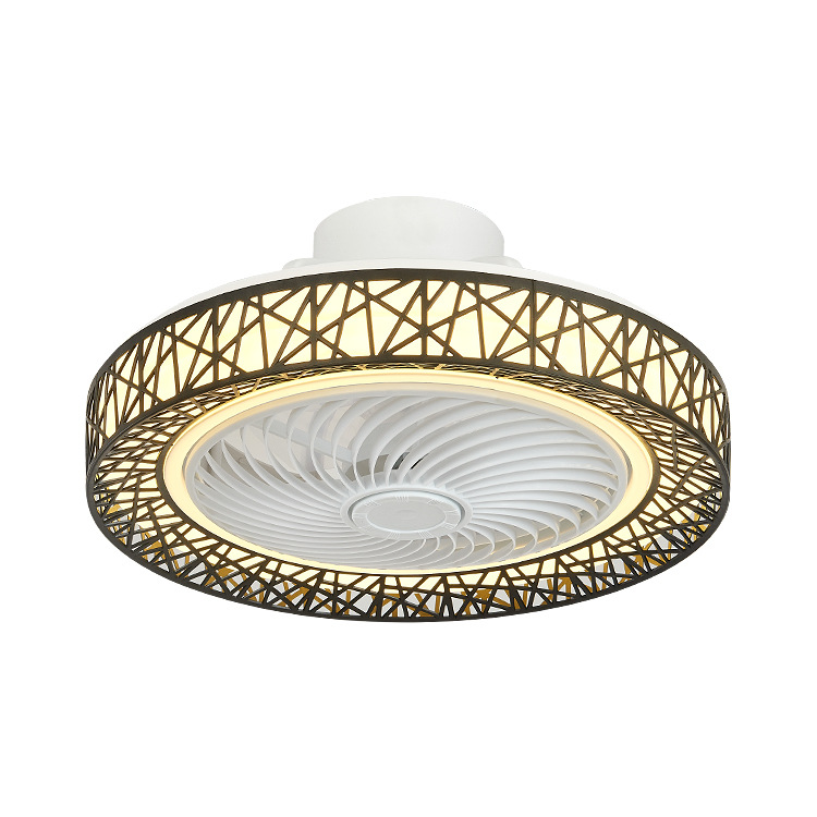 Luz de ventilador de techo inteligente nórdico patrón hueco luz de techo sala de estar dormitorio LED ventilador integrado luz transfronteriza