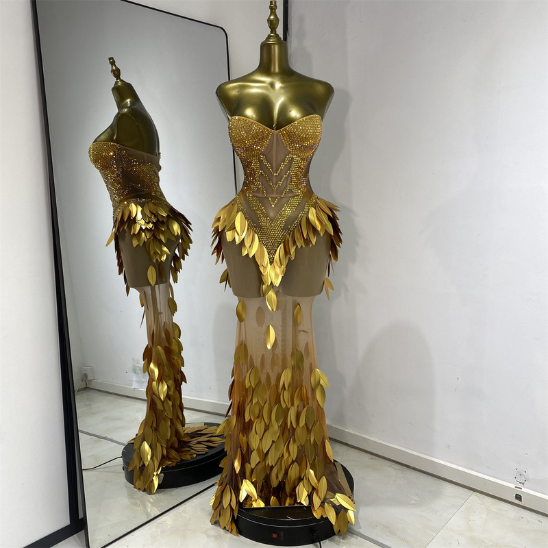 Cross-Border Foreign Trade Dress, Concert Stage Performance Outfit, Red Carpet Birthday Party Rhinestone Leaf Party Long Dress