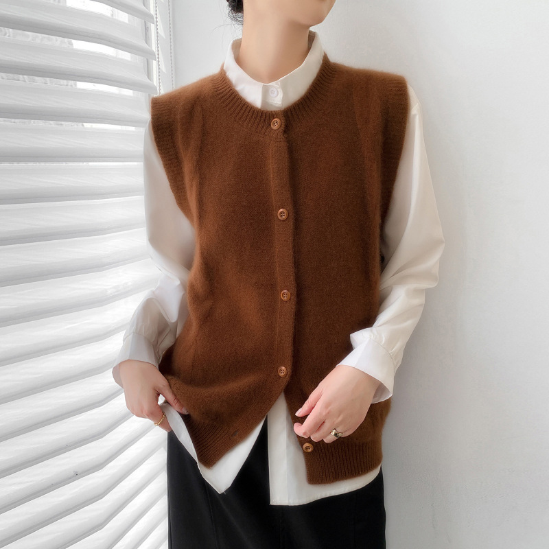 2025 New Autumn and Winter Pure Wool Seven-Needle Thickeneded Round Neck Knitted Vest Cardigan Pure Color Sleeveless Layered Waistcoat