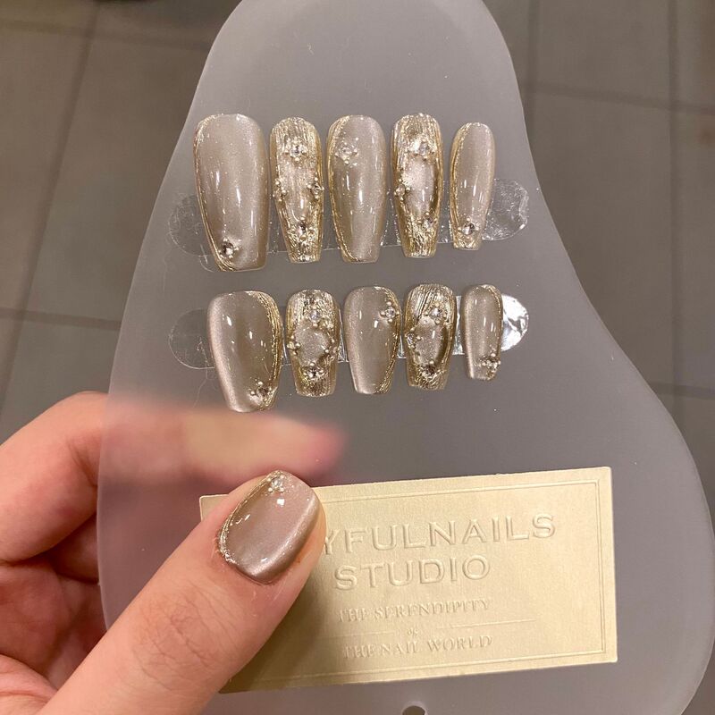 Buccellati Wearable Nails, Handmade Manicure, Coffee-Colored Cat-Eye Nails, Popular on Xiaohongshu, High-End Nail Pieces, Ultra-Thin