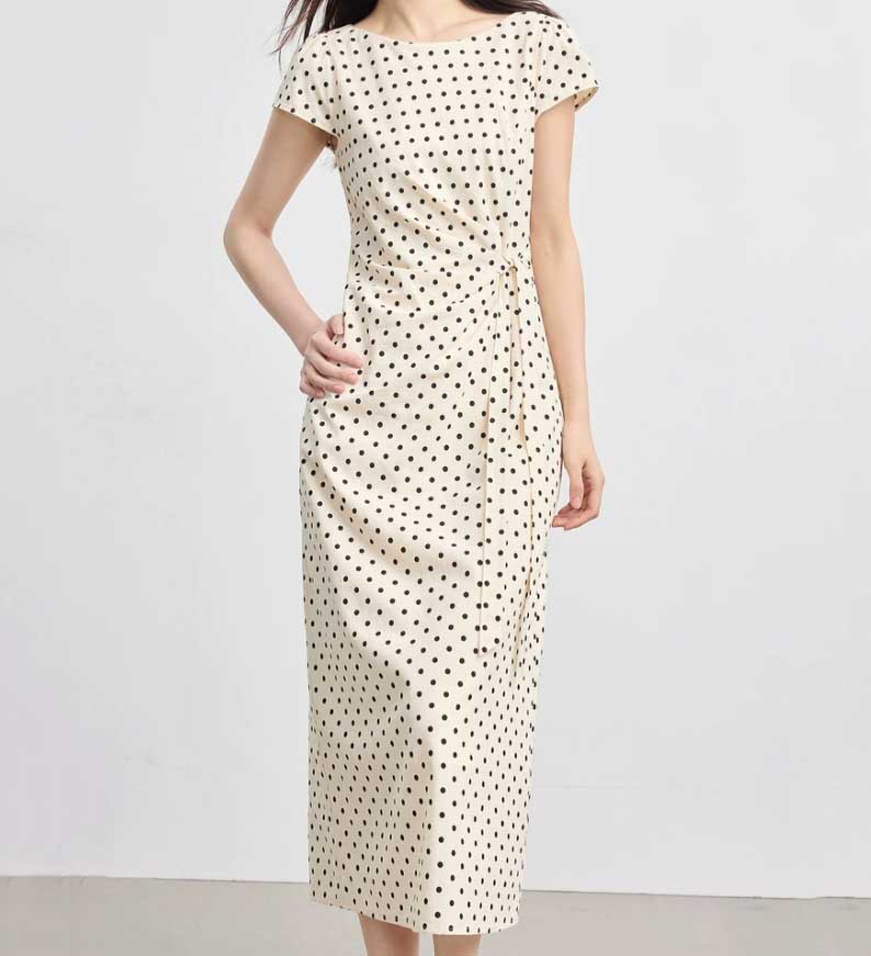 Đầm maxi nữ tay ngắn họa tiết chấm bi phong cách Pháp, eo xếp li buộc dây — Điểm đen Apricot Bottom chi tiết 1