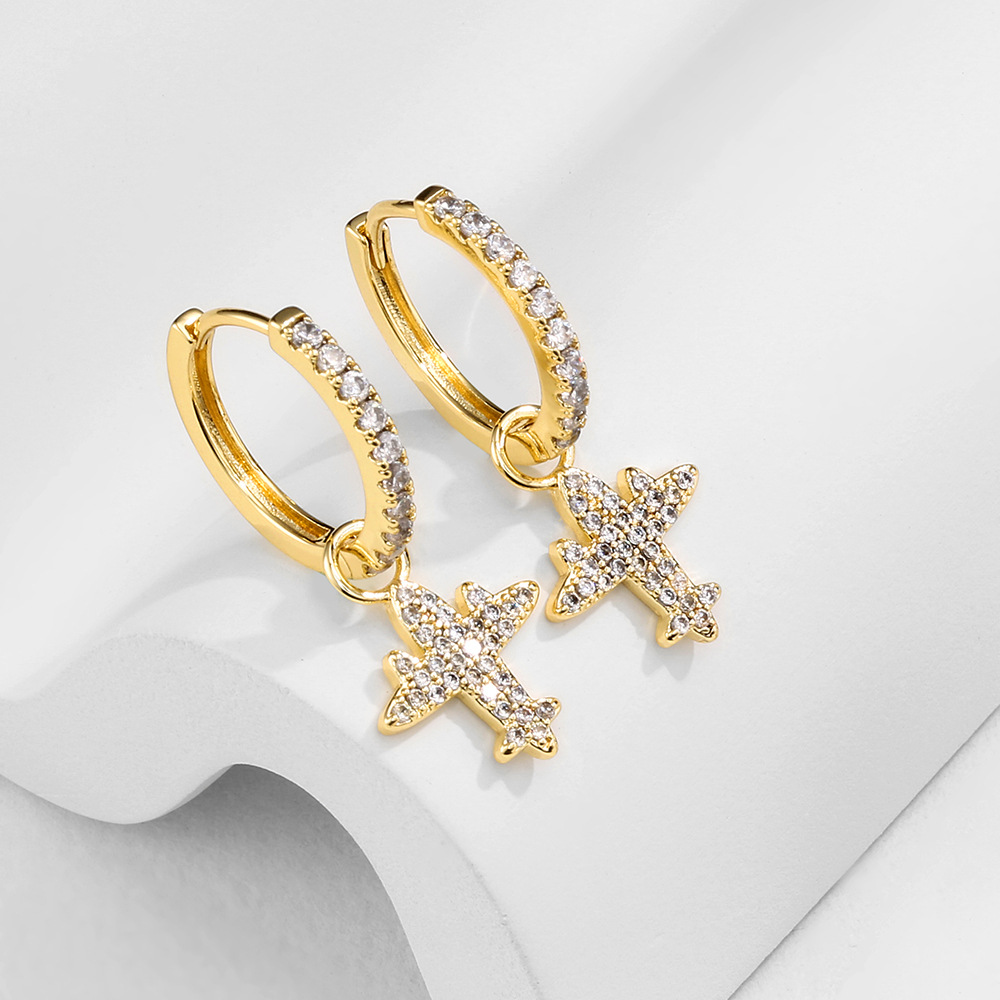 Copper Material Gold Plated Plating 1 Piece Lady Airplane Plating Inlay Copper Zircon Gold Plated Earrings