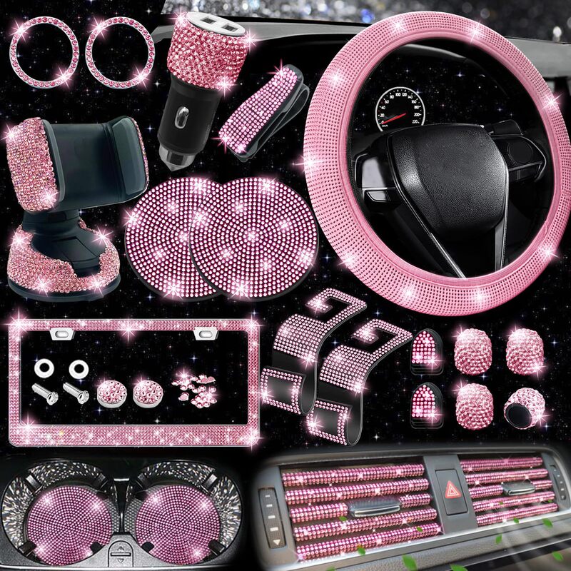 27-Piece Set of Diamond-Encrusted Car Interior Accessories, Rhinestone Steering Wheel Cover, Full Diamond License Plate Frame, Diamond Phone Holder for Car