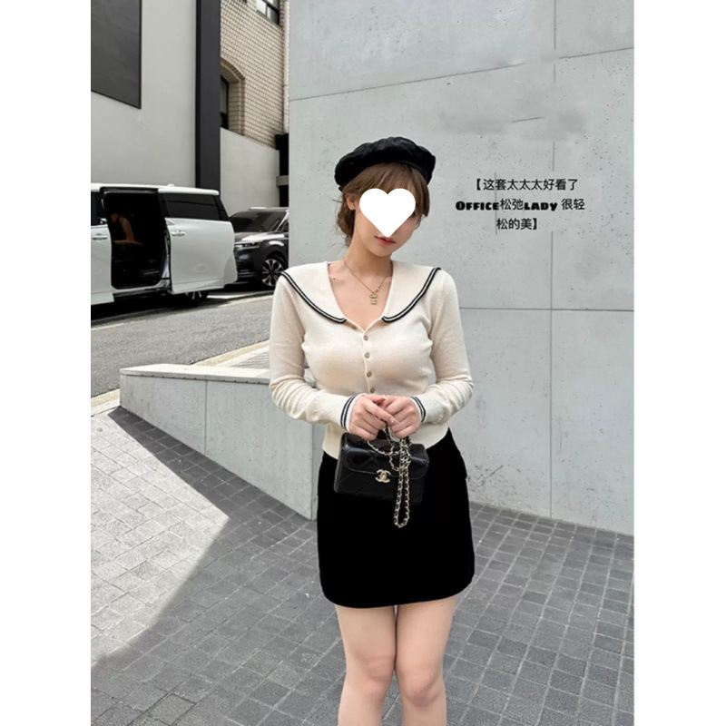 White Navy Collar Knitted Cardigan for Women, Early Autumn, Early Autumn, Small Fragrance Style, Slim Lapel Sweater Jacket, Top, Spring and Autumn