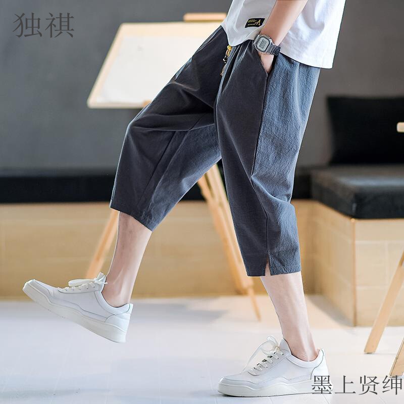 Linen Shorts Men's Summer Thin Chinese Style plus size Cropped Casual Pants Men's Trendy Cotton and Linen Cropped Pants