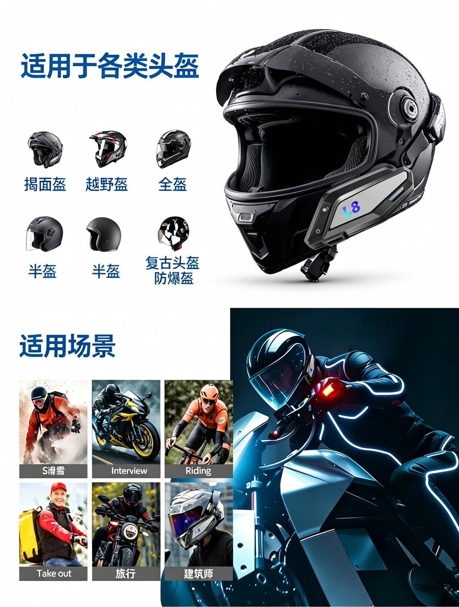 L8 Motorcycle Helmet Bluetooth Headset Dual-Party Intercom Waterproof Noise Reduction Long Battery Life Riding Communication Headset