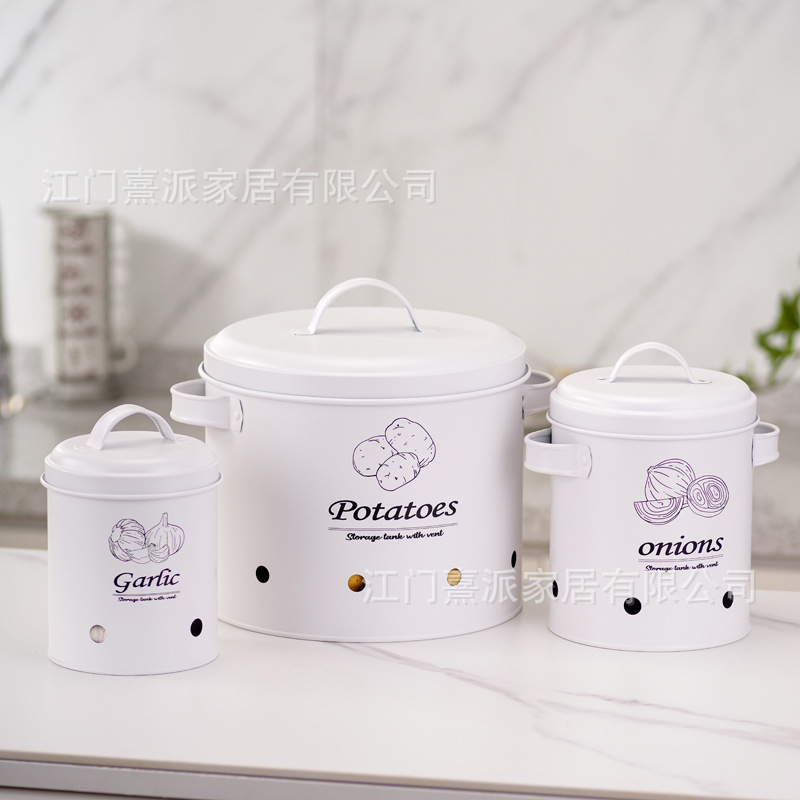 Barril de patata transfronteriza cebolla ajo contenedor de almacenamiento conjunto de cocina caja de almacenamiento de frutas y verduras patata metal permeable a la atmósfera