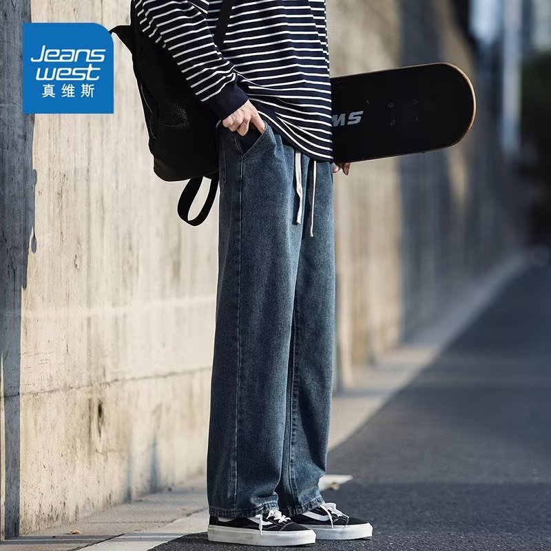 Estilo de moda estilo de Hong Kong jeans rectos sueltos hombres 2024 primavera y otoño nueva marca de moda pantalones casuales de todo fósforo pantalones de trapeador