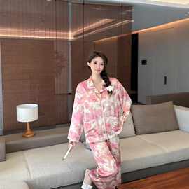 蜜桃果茶网红风睡衣女春秋款冰丝长袖蕾丝花边甜美家居服外穿