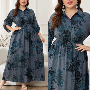 in stock Summer plus size Women's New Artistic plus size Loose Plus Size Printed Round Neck Mid-Sleeve Long dress