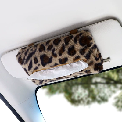 Car Sun Visor Tissue Box Leopard Print High-End Style Multifunctional Car Tissue Holder Autumn and Winter Plush Car Tissue Box (Car tissue box/set) - dark-brown