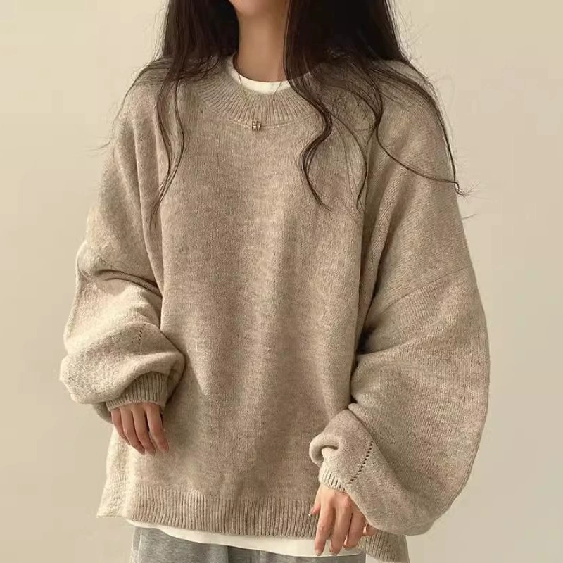 Пуловер женский oversize вязаный, демисезон с длинным рукавом, корейский и французский стиль воротника-круглый