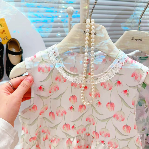 Summer 2025 New Arrival Korean Style Sleeveless Round Neck Personality Medium and Large Children Lace Edge Floral Print Dress for Girls