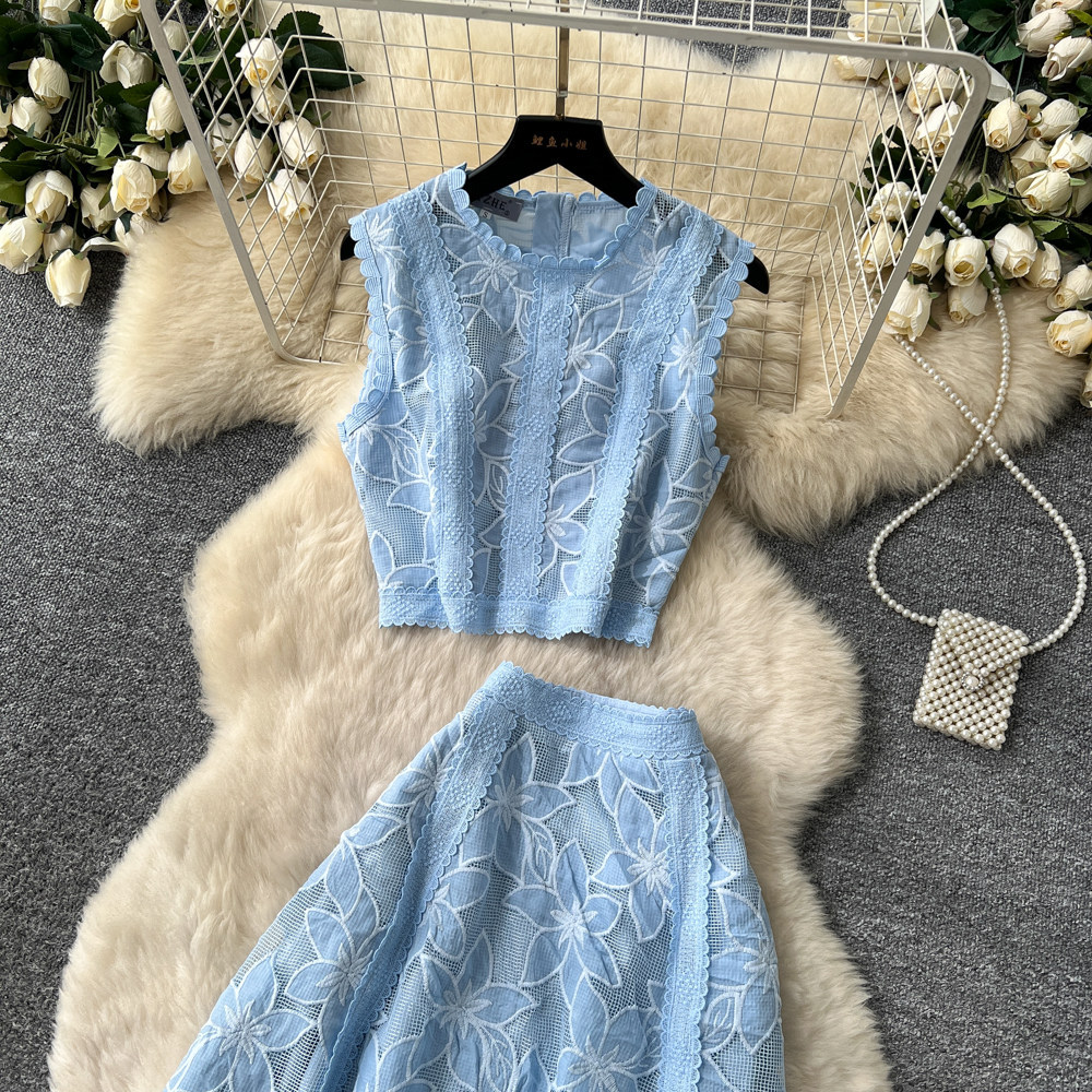 French Style Lace Openwork Two Piece Vest And Skirt Set Elegant_voghion.com