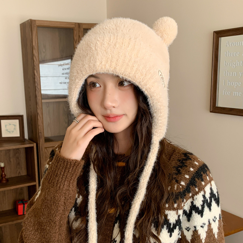 冬天帽子女款时尚百搭大头围针织帽毛绒小熊耳朵毛线帽休闲保暖帽|undefined
