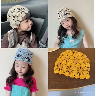 Fashionable Fine Flower Hollow Bag Head Cap Children's Spring and Summer Thin Knitted Hat Girls Stylish Fashion Sunshade Hat