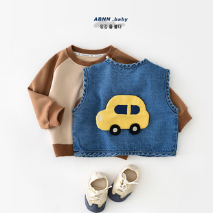 Children's Spring and Autumn Vest Infant Cute Cartoon Car Vest Men's and Women's Baby Korean-style Washed Denim Top