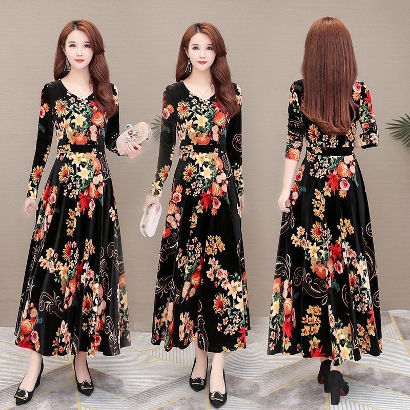 plus size Gold Velvet dress Women's 2024 Spring and Autumn Mother's Wear Middle-aged and Elderly High-looking Slimming Mid-length Base Skirt