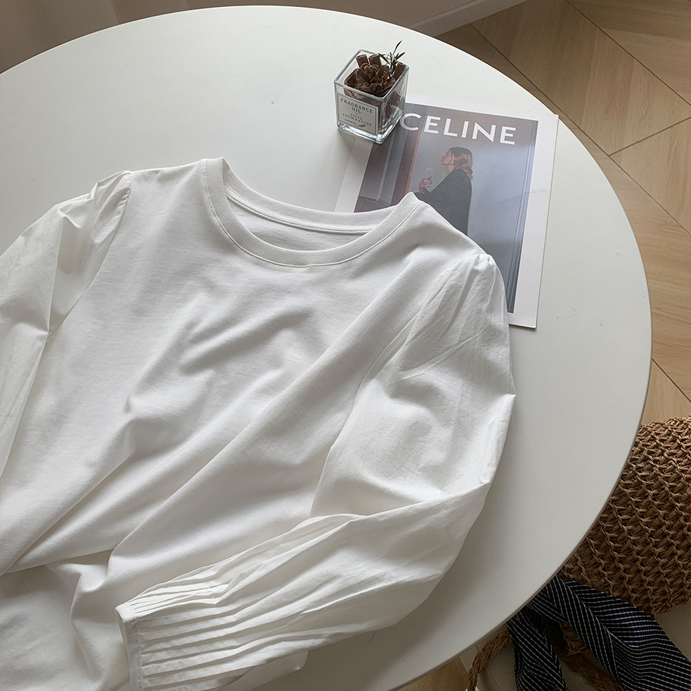 Unique Design Pleated Nine-point Sleeve T-shirt Women's 2025 Spring New White Inner Base Shirt Top