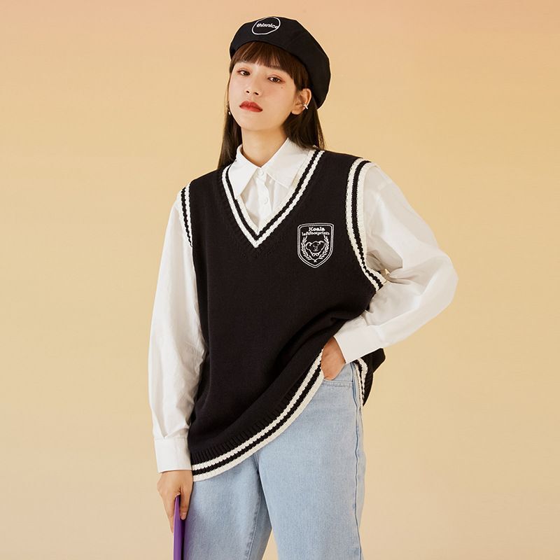大码学院风马甲春秋新款女背心日系外搭毛衣针织外穿马夹v领|undefined