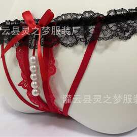 镂空性感女士内裤珍珠开裆诱惑蕾丝丁字裤透明弹力T裤6018图片色