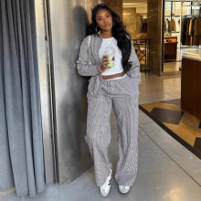 欧美女装长袖条纹开衫衬衬衣高腰撞色阔腿裤非洲洋气休闲两件套女