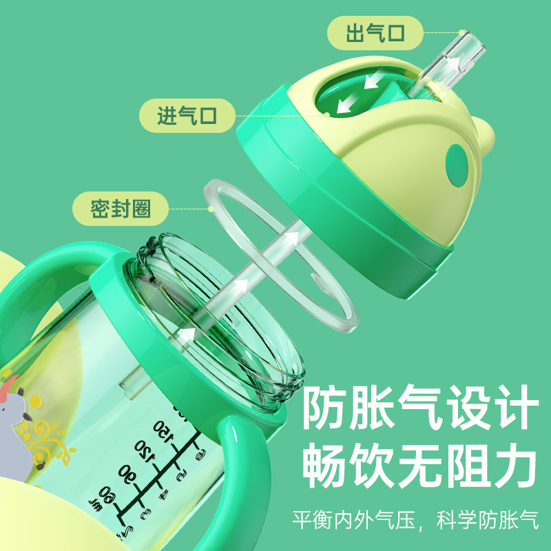 Inglés caja de dibujos animados bebés taza de bebida PP anti-caída taza de agua a prueba de fugas con mango gorra de boca de pato taza de bebida directa al por mayor