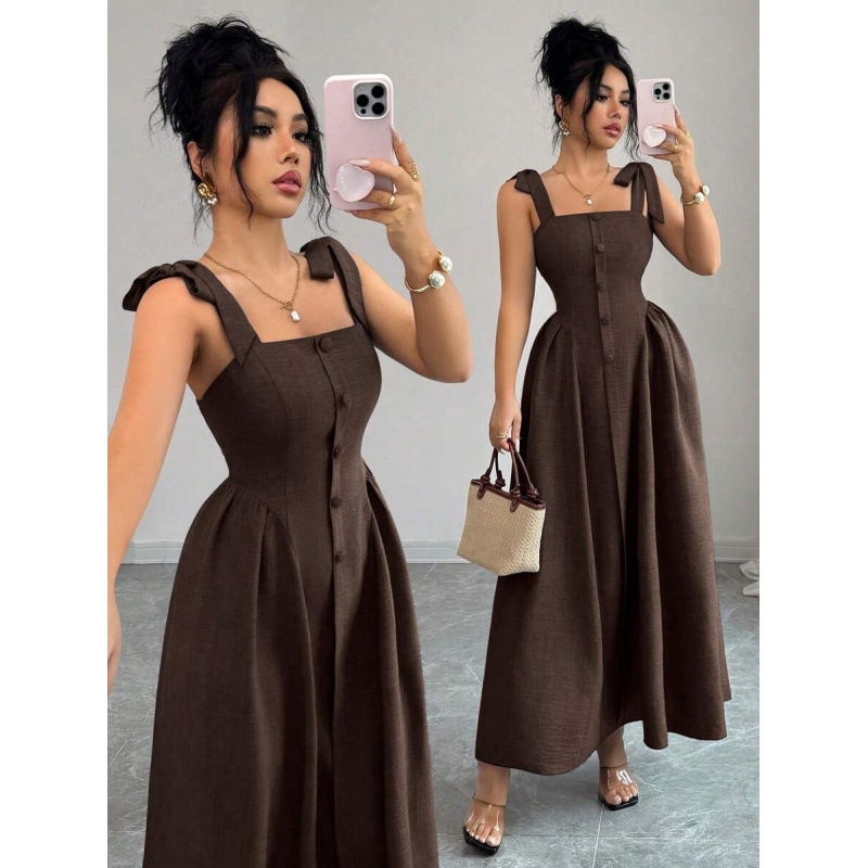 Cross-Border Amazon European and American Style Elegant Versatile Single-Breasted Waist-Cinching Slimming Pleated Long Strap Dress for Women