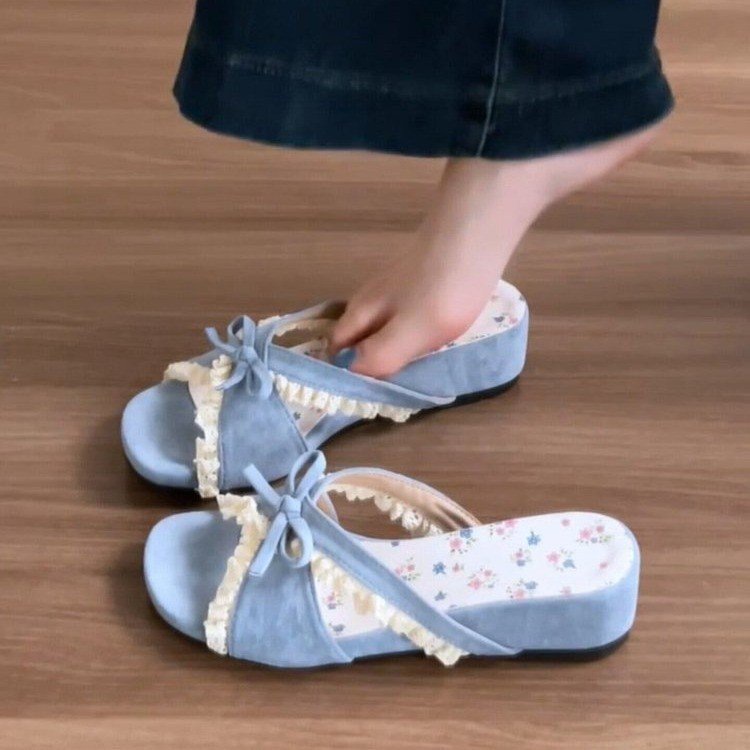 Hermosas zapatillas de arco de encaje de flores francesas 06 verano vacaciones en el mar de hadas pistas de viento zapatillas frías