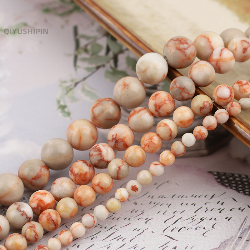 Natural Red Network Stone Round Bead Semi-finished Loose Beads Bracelet Necklace Jewelry Accessories Half Gemstone Red Network Loose Beads