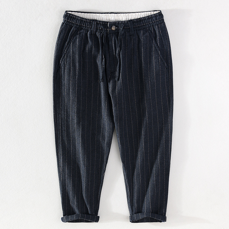 Pantalon décontracté homme rayé coton lin taille élastique_voghion.com