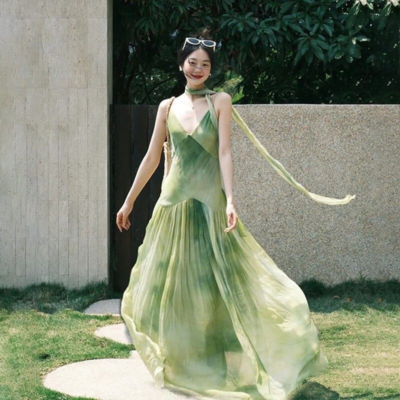 French-Style Green Tie-Dye Chiffon V-Neck A-Line Dress, Summer Island Relaxed Vibe Dress, Seaside Vacation Style French-Style Green Tie-Dye Chiffon V-Neck A-Line Dress, Summer Island Relaxed Vibe Dress, Seaside Vacation Style