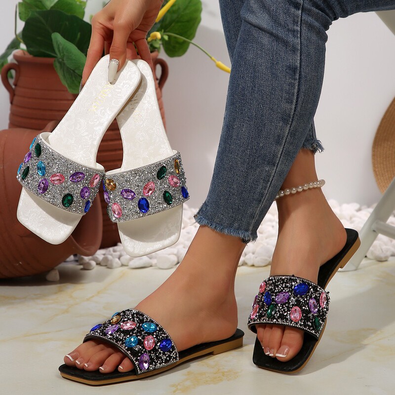 Simple Fashion Comfortable Slippers Women's Outer Wear All-match 2025 Summer New Fashion Rhinestone Gorgeous Flat Sandals and Slippers