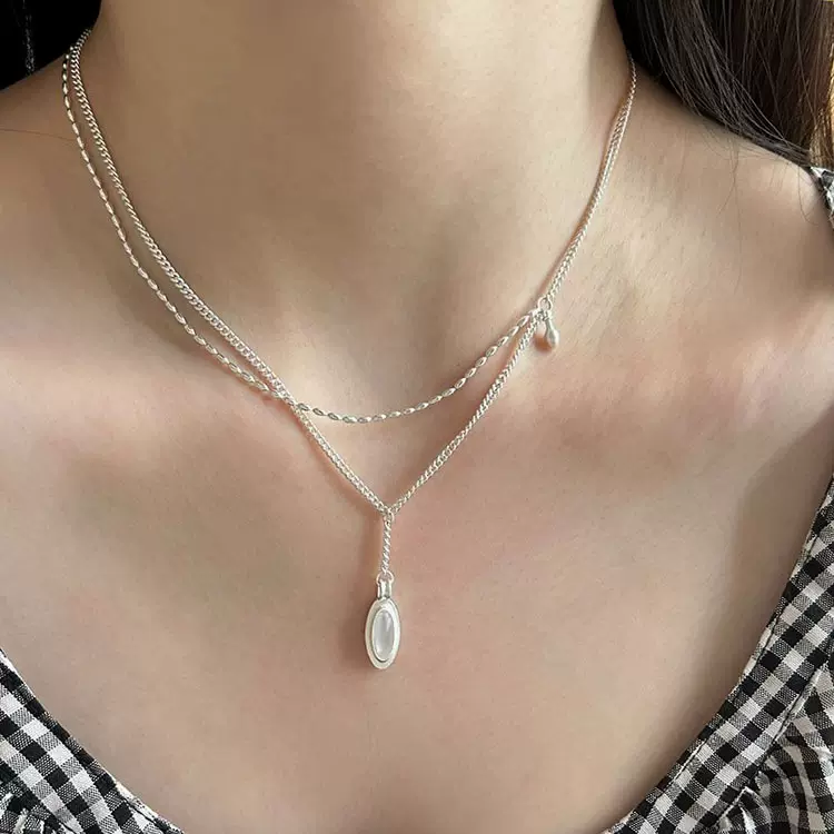 s925纯银白玉髓黑玛瑙双层椭圆项链女百搭气质叠戴哑光星轨锁骨链