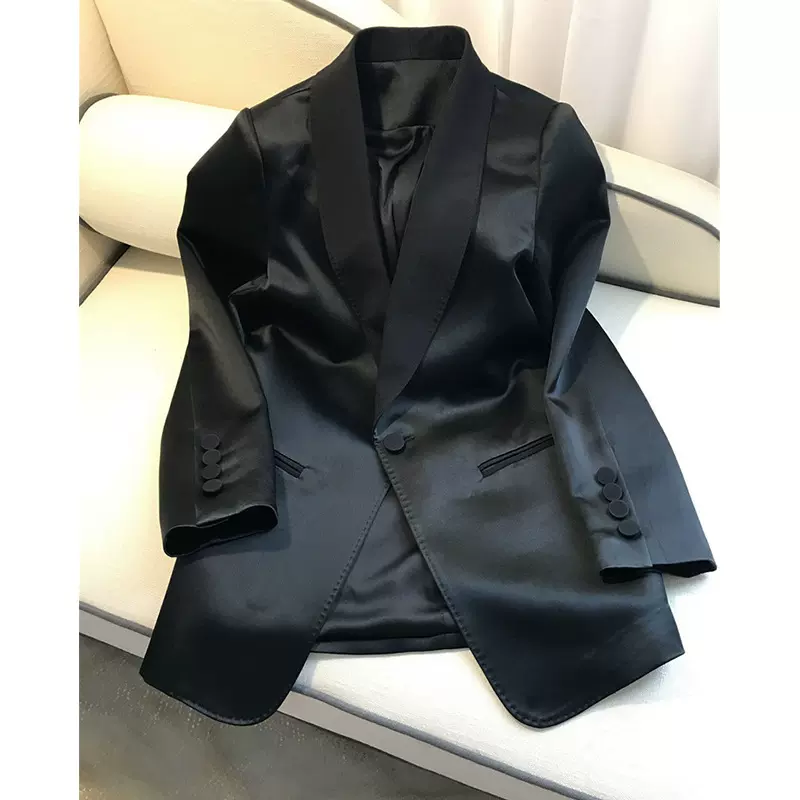 现货醋酸小西装外套女春秋新款休闲黑色复古中长款缎面西服上衣