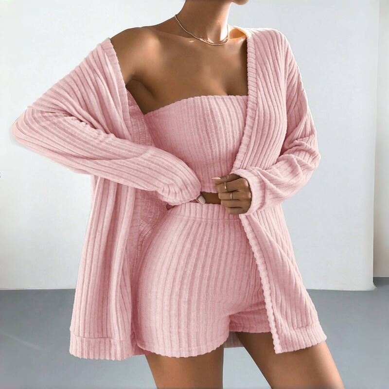 European and American Cross-Border Brushed Pit Women's Pajamas Long-Sleeved Jacket Tube Top Shorts Three-Piece Set Can Be Worn Outside Home Clothes for Women