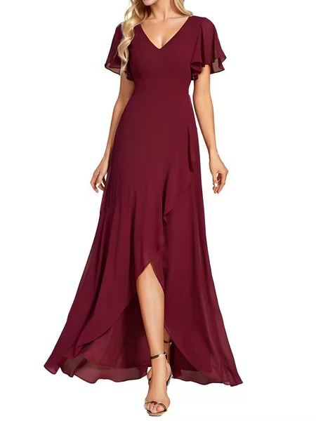 2025 Amazon European and American Cross-Border Double V-Neck Pure Color Chiffon Ruffled Long Banquet Evening Dress with Elegant