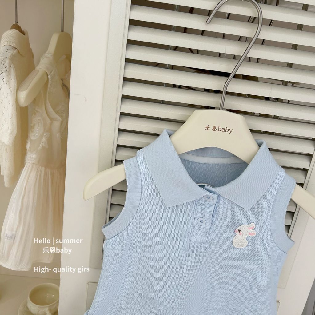 [Le En abby] Vestido con cuello POLO de estilo universitario para niñas Vestido de princesa deportiva plisado con chaleco sin mangas de verano